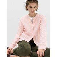 M&S Ribbed Crew Neck Cardigan with Wool Pale Pink