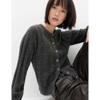 M&S Ribbed Crew Neck Cardigan with Wool Charcoal