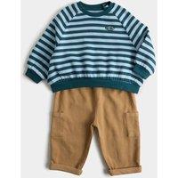 M&S Cotton Rich Striped Slogan Sweatshirt with Chinos Outfit (0 Mths-5 Yrs) Teal Mix