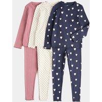 M&S 3 Pack Cotton Rich Ribbed Heart Print Pyjama Sets (1-8 Yrs) Multi