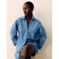 Per Una Denim Striped Collared Relaxed Shirt Medium Indigo