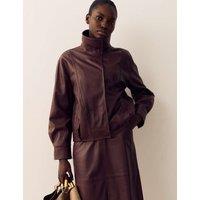 Per Una Leather Funnel Neck Jacket Raisin