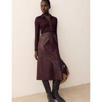 Per Una Leather Panelled Midi Column Skirt Brown
