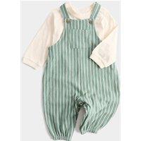 M&S 2 Piece Pure Cotton Jersey Dungarees Outfit (0-3 Yrs) Green Mix