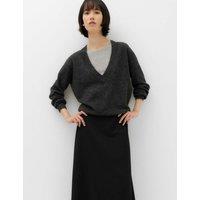 M&S Ribbed V-Neck Double Layer Jumper with Wool Grey Mix