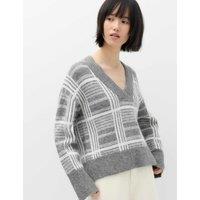 M&S Checked V Neck Relaxed Jumper Grey Mix