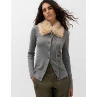 M&S Faux Fur Collar Button Front Cardigan Grey Marl
