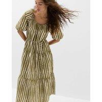 M&S Pure Cotton Printed Midi Waisted Dress Sage Mix