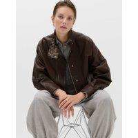 M&S Faux Leather Checked Funnel Neck Bomber Jacket Chocolate