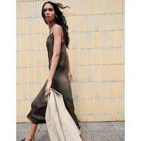 M&S Satin Lace Insert V-Neck Midaxi Slip Dress Olive
