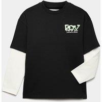 M&S Pure Cotton Graphic Mock Sleeve T-Shirt (6-16 Yrs) Black Mix