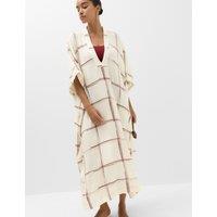 M&S Checked Midi Kaftan Beach Dress with Linen Ivory Mix