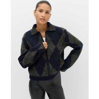 M&S Argyle Collared Zip Up Knitted Jacket With Wool Navy Mix