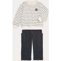M&S 2 Piece Cotton Rich Striped Sweatshirt Outfit (2-8 Yrs) Cream Mix