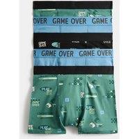 M&S 5 Pack Cotton Rich Gaming Trunks (5-16 Yrs) Green Mix