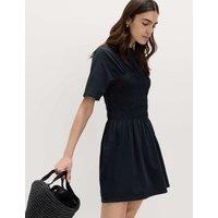M&S Cotton Rich Shirred Mini T-Shirt Dress Midnight Navy