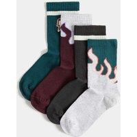 M&S 4 Pack Cotton Rich Flame Ribbed Socks (6 Small-7 Large) Green Mix