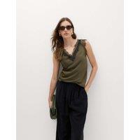 M&S Satin V-Neck Lace Insert Cami Top Olive Mix