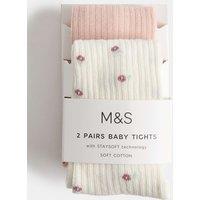 M&S 2 Pack Cotton Rich Baby Tights (0-3 Yrs) Pink Mix