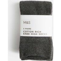 M&S 5 Pack Cotton Rich Knee High Socks Grey