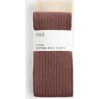 M&S 2 Pack Cotton Rich Ribbed Tights (2-14 Yrs) Brown Mix