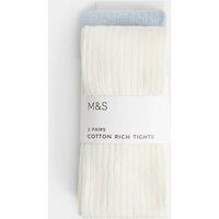 M&S 2 Pack Cotton Rich Ribbed Tights (2-14 Yrs) Blue Mix