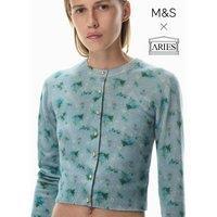 M&S x Aries Pure Cashmere Crew Neck Cardigan Blue Mix