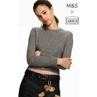M&S x Aries Pure Cashmere Crew Neck Cardigan Grey Marl