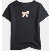 M&S Cotton Rich Bow Ribbed Top (3-8 Yrs) Carbon