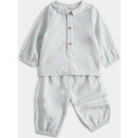M&S Pure Cotton Checked Bear Top & Trouser Set (7lbs-12 Mths) Light Mint