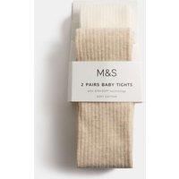 M&S 2 Pack Cotton Rich Ribbed Tights (0-3 Yrs) Neutral
