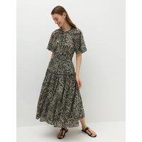 M&S Pure Cotton Printed Midi Waisted Dress Black Mix