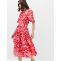 M&S Pure Cotton Floral Tie Neck Midi Waisted Dress Pink Mix