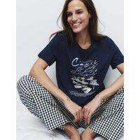 M&S Pure Cotton Pyjama Set With Woven Bottoms Dark Blue