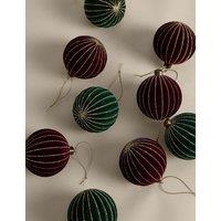 M&S 9 Pack Flocked Ridged Baubles Red Mix