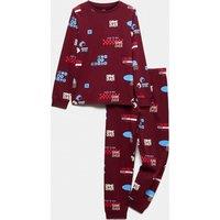 M&S Pure Cotton Gaming Print Pyjamas (1-16 Yrs) Burgundy Mix