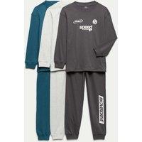 M&S 3 Pack Pure Cotton Speed Pyjama Sets (1-16 Yrs) Grey Mix