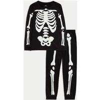 M&S Pure Cotton Glow in the Dark Skeleton Pyjamas (1-16 Yrs) Black Mix
