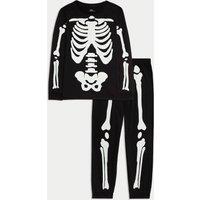 M&S Pure Cotton Glow in the Dark Skeleton Pyjamas (1-16 Yrs) Black Mix