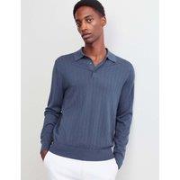 JAEGER Merino Wool Rich Knitted Polo Shirt with Silk Dark Blue