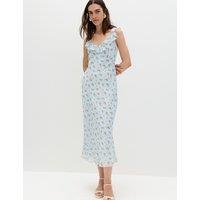 M&S Floral Ruffle Detail Midi Column Dress Blue Mix