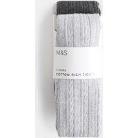 M&S 2 Pack Cotton Rich Cable Tights (2-14 Yrs) Grey Marl