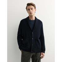 JAEGER Pure Lambswool Ribbed Shawl Neck Cardigan Dark Navy