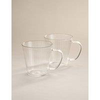 M&S Set of 2 Ribbed Glass Flat White Mugs Clear