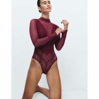 M&S Sabine Mesh & Lace Long Sleeved Body Dark Wine