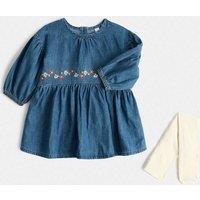 M&S Cotton Rich Embroidered Dress with Tights (0-5 Yrs) Denim