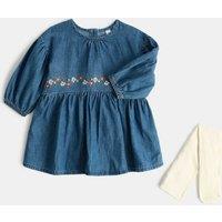 M&S Cotton Rich Embroidered Dress with Tights (0-5 Yrs) Denim