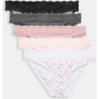 M&S 5 Pack Cotton & Lace Bikini Knickers Black Mix