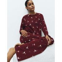 M&S Pure Cotton Printed Pyjama Set Burgundy