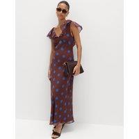 M&S Polka Dot V-Neck Frill Sleeve Midi Column Dress Brown Mix
